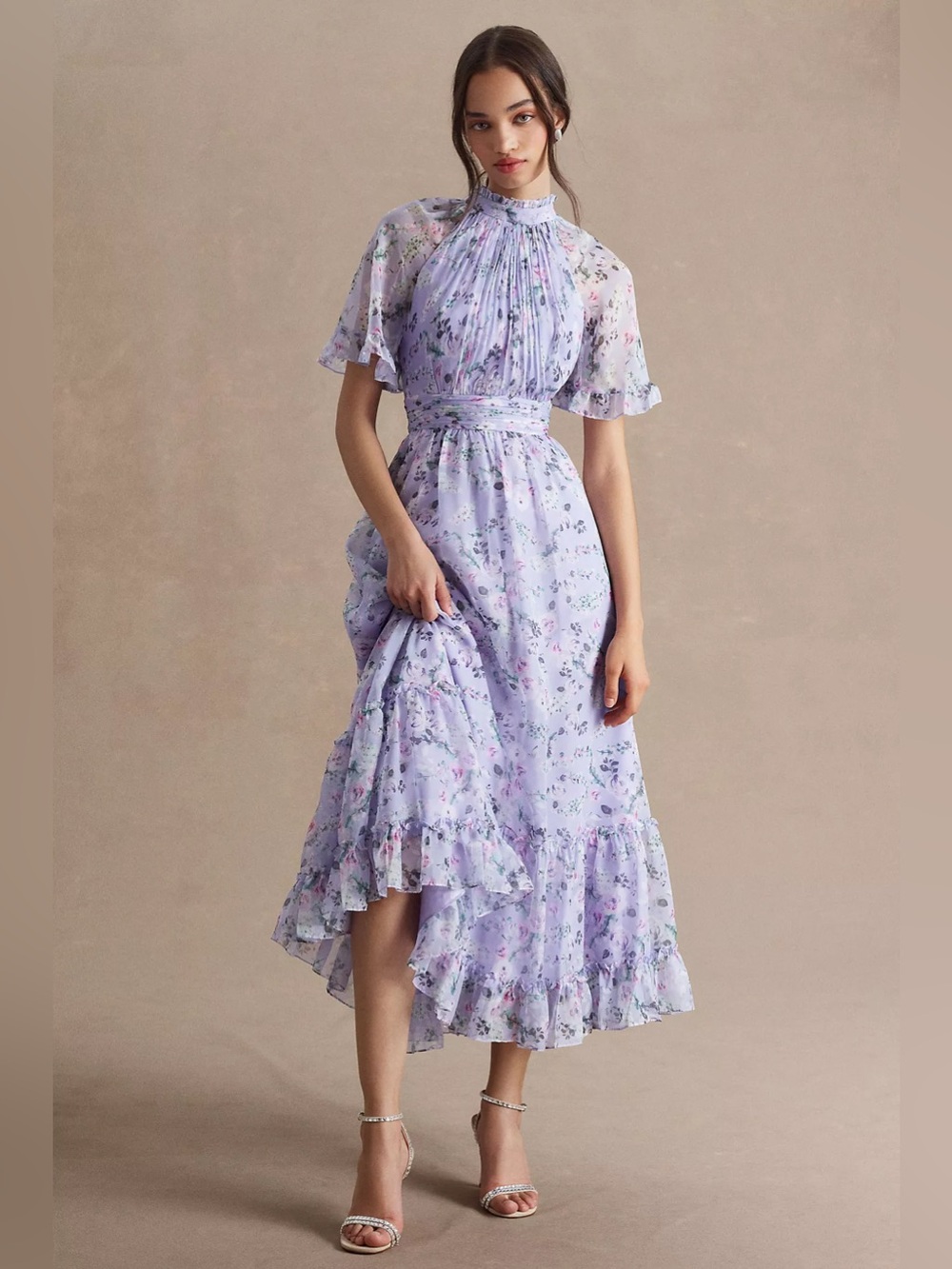 Mac Duggal Ruffled High-Neck Raglan-Sleeve Printed Chiffon Dress